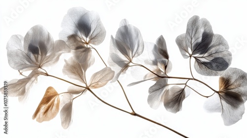 Silver-hued lunaria leaves and blossoms, isolated on a white photo