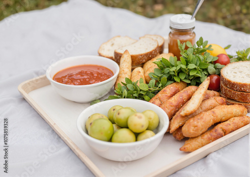 Outdoor picnic setup with food, sauce, and fresh vegetables
