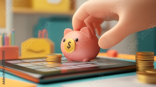 A hand deposits coins into a pink piggy bank on a tablet, symbolizing saving and financial management. photo