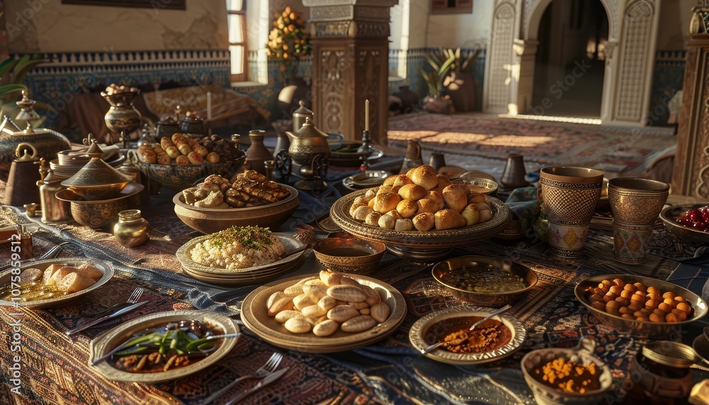 Fototapeta premium A lavish spread of traditional Moroccan food on a table with intricate patterns and antique silverware.