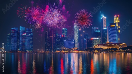 Skyscrapers illuminated by a colorful display of fireworks