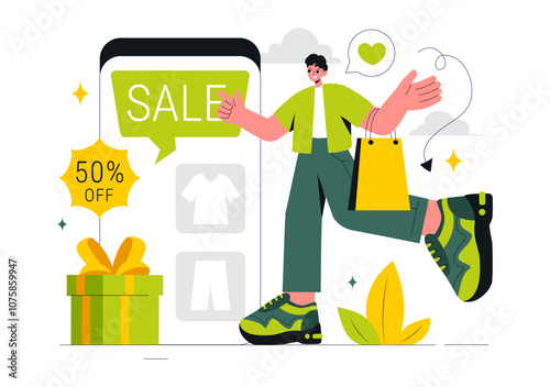 Green Monday Sale Vector Illustration featuring Shoppers Holding Shopping Bags to Highlight Discount Promotions in a Flat Style Cartoon Background