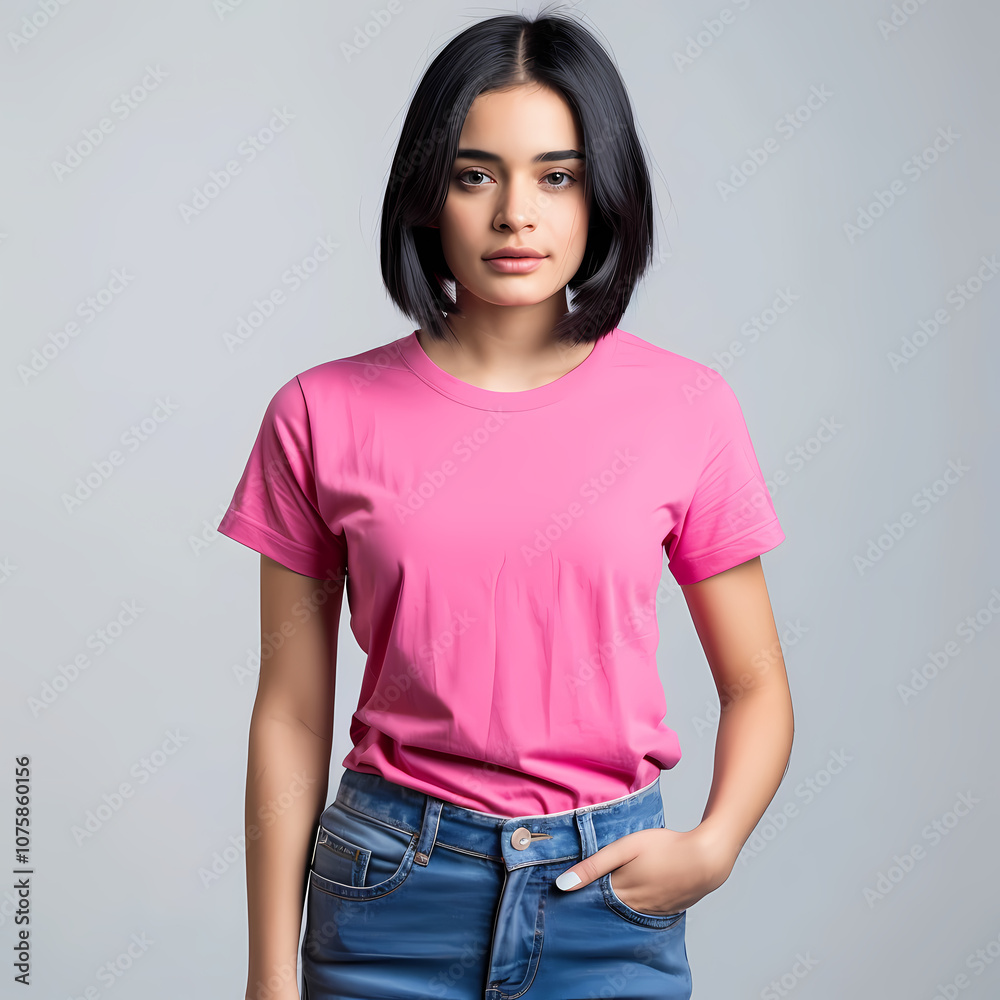 A young Asian woman poses confidently in a pink t-shirt and blue jeans against a neutral background, exuding a relaxed and modern vibe. A young Asian woman poses confidently in a pink t-shirt and blue jeans against a neutral background, exuding a relaxed and modern vibe.