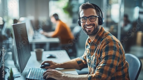 Smiling male support agent, wearing headphones while working