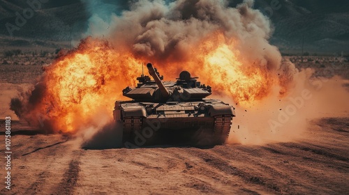 A powerful tank advances through a battlefield, surrounded by explosions and smoke, capturing the intensity of military operations.