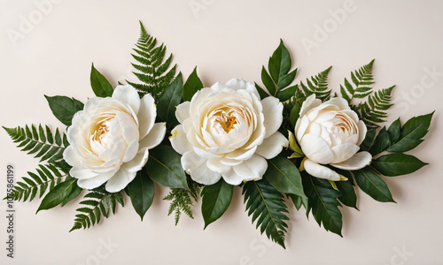 Three white roses with green leaves are arranged on a white background