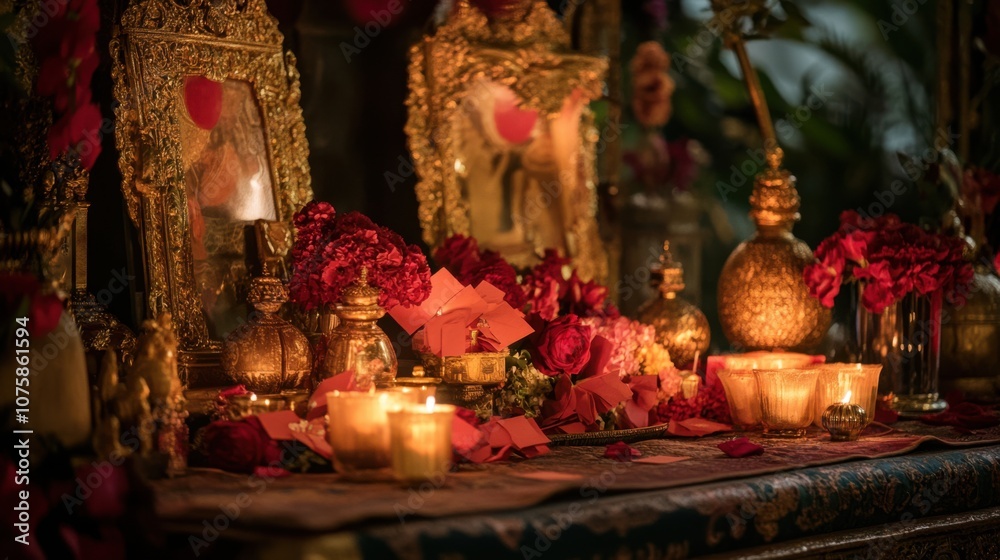 Obraz premium A beautifully decorated shrine altar covered with red envelopes,