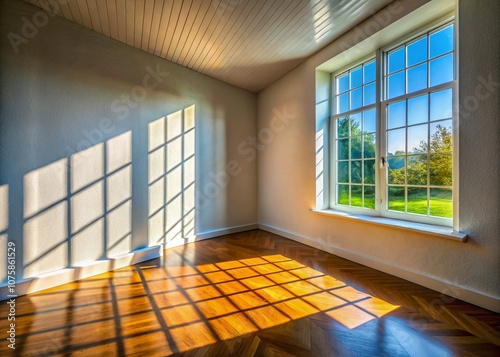 Captivating Panoramic Photography of Shadows on a White Wall, Illuminated by Natural Light Streaming Through a Window in a Serene Room Setting