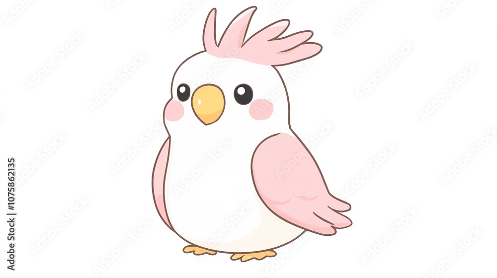 Fototapeta premium Cute kawaii-style cockatoo bird with colorful plumage, isolated on a white background, full-body illustration, looking directly at viewer with a friendly, cheerful expression.