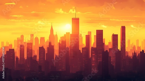 A vibrant city skyline at sunset, showcasing silhouettes of buildings against an orange sky.