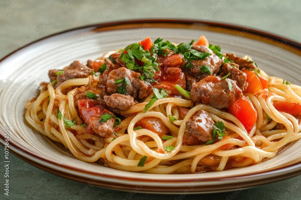 A plate of spaghetti with meat and red sauce. A plate of spaghetti with meat and red sauce.