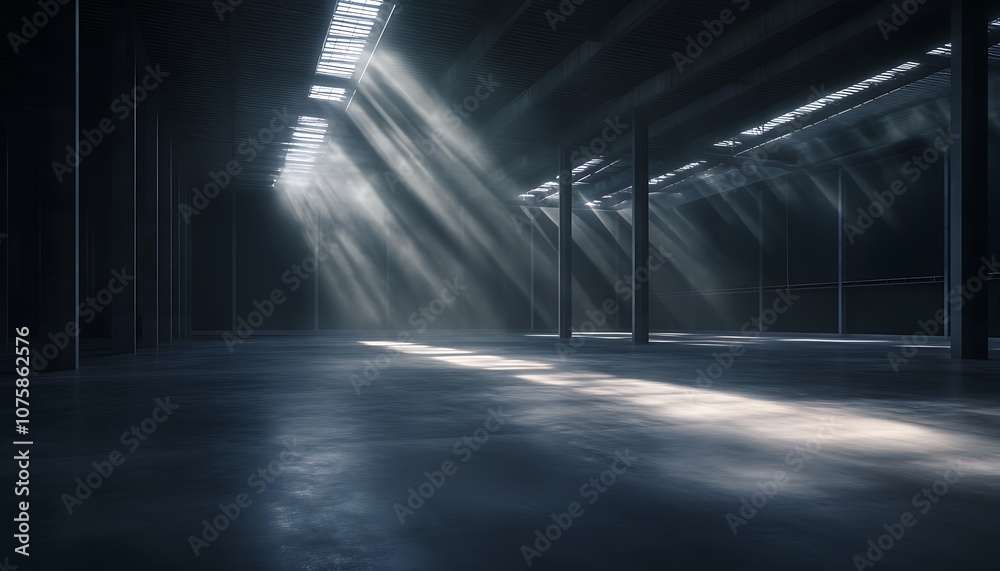 A dimly lit industrial space with beams of light streaming through windows, casting ethereal patterns on the polished floor. A dimly lit industrial space with beams of light streaming through windows, casting ethereal patterns on the polished floor.
