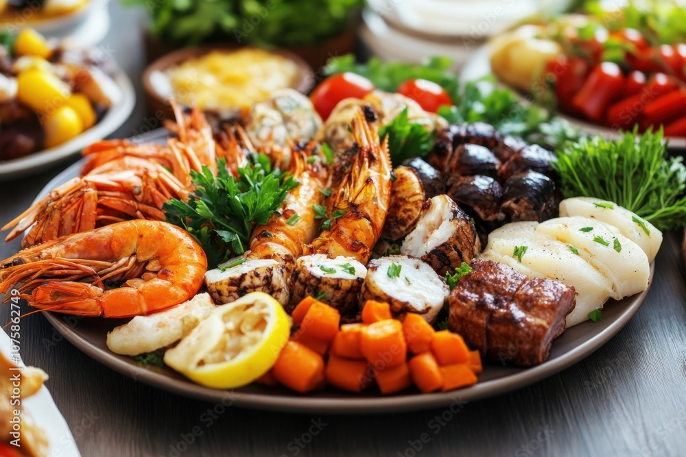 A platter of grilled seafood, vegetables, and lemon wedges. A platter of grilled seafood, vegetables, and lemon wedges.