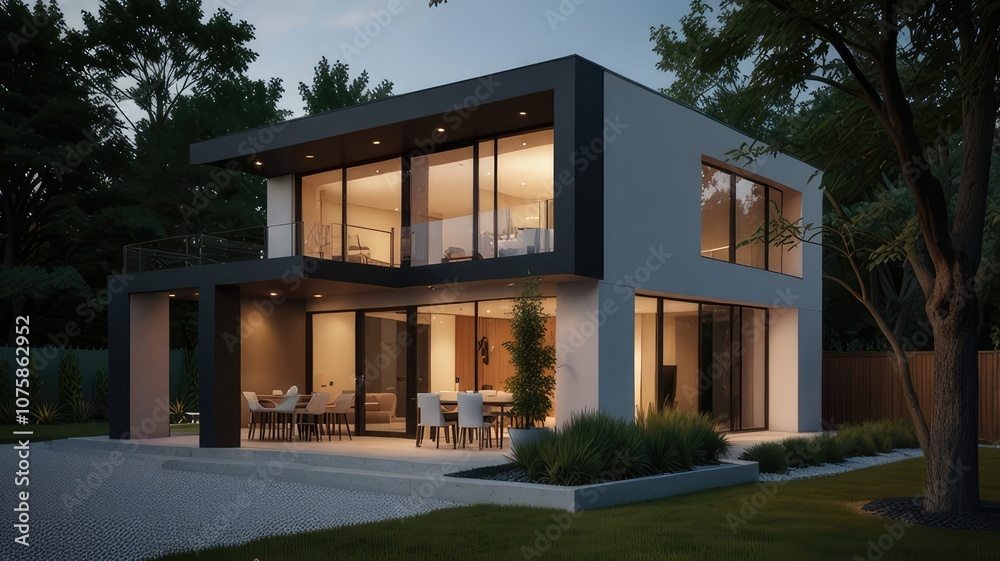 A sleek and minimalist house with clean lines and large windows, rendered in a modern and contemporary style.
A sleek and minimalist house with clean lines and large windows, rendered in a modern and contemporary style.