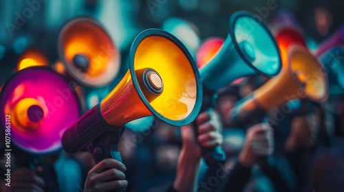 Diverse Crowd Holding Vibrant Glowing Megaphones Symbolizing Collective Voice for Social Change