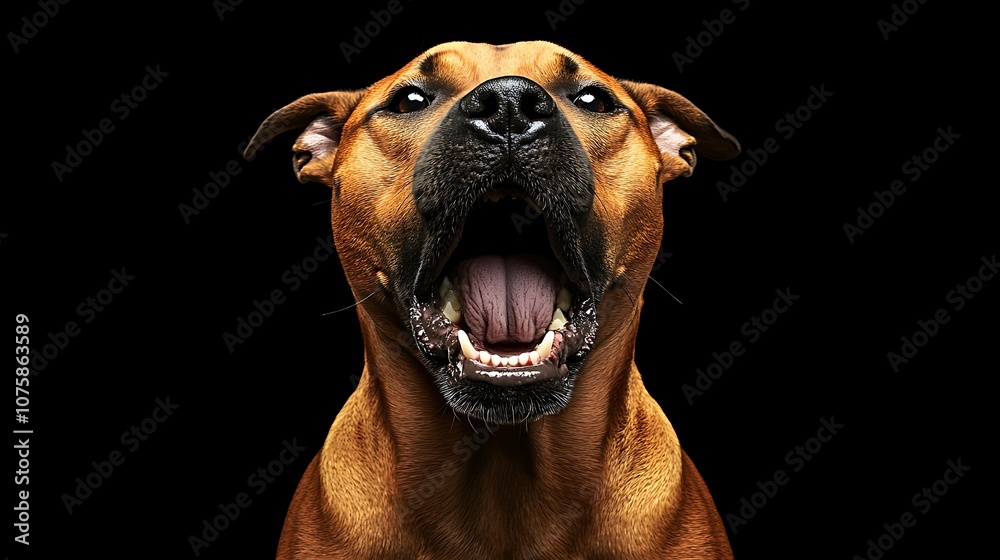 A close-up of a dog yawning against a black background, showcasing its expressive features. A close-up of a dog yawning against a black background, showcasing its expressive features.
