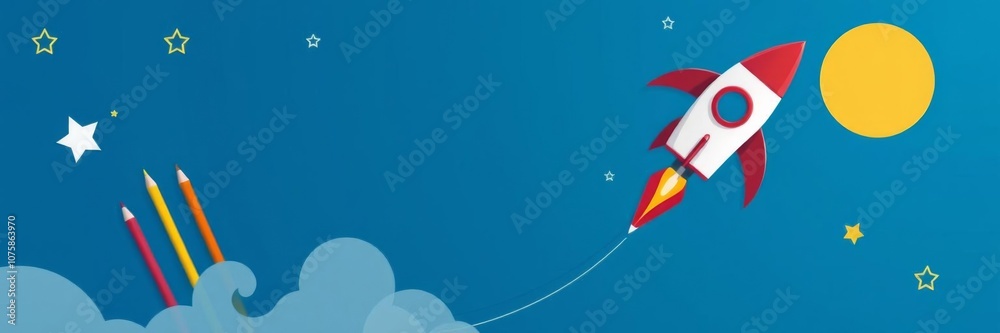 Rocket ship launch drawing with vibrant color pencils, back to school banner, vector illustration, banner, element Rocket ship launch drawing with vibrant color pencils, back to school banner, vector illustration, banner, element