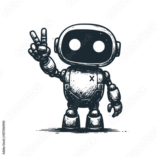 Cute robot raises two fingers. Black white vector illustration.