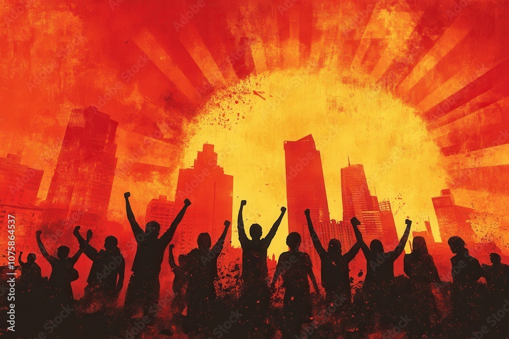 A vibrant illustration of a crowd of people raising their arms against a dramatic sunset backdrop, symbolizing unity and activism in an urban setting. A vibrant illustration of a crowd of people raising their arms against a dramatic sunset backdrop, symbolizing unity and activism in an urban setting.