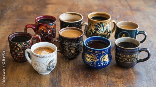 A collection of coffee mugs from different cultures,