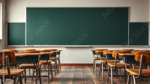 Traditional school classroom with wooden desks, chairs, and chalkboard, creating a nostalgic and academic atmosphere in vintage style setting, education, desks