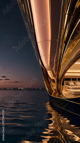 Luxury Yacht Illuminated Against Starry Sky, Reflecting Elegance and Sophistication on Tranquil Waters at Dusk