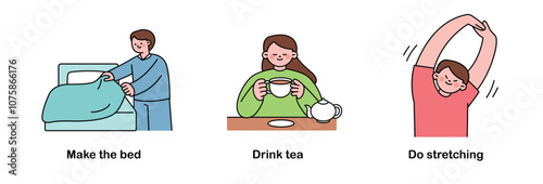 Morning routine for self-care. Make the bed, drink tea, stretch. outline simple vector illustration.