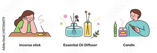 Incense for self-care. Incense, aroma, scented candles, outline simple vector illustration.