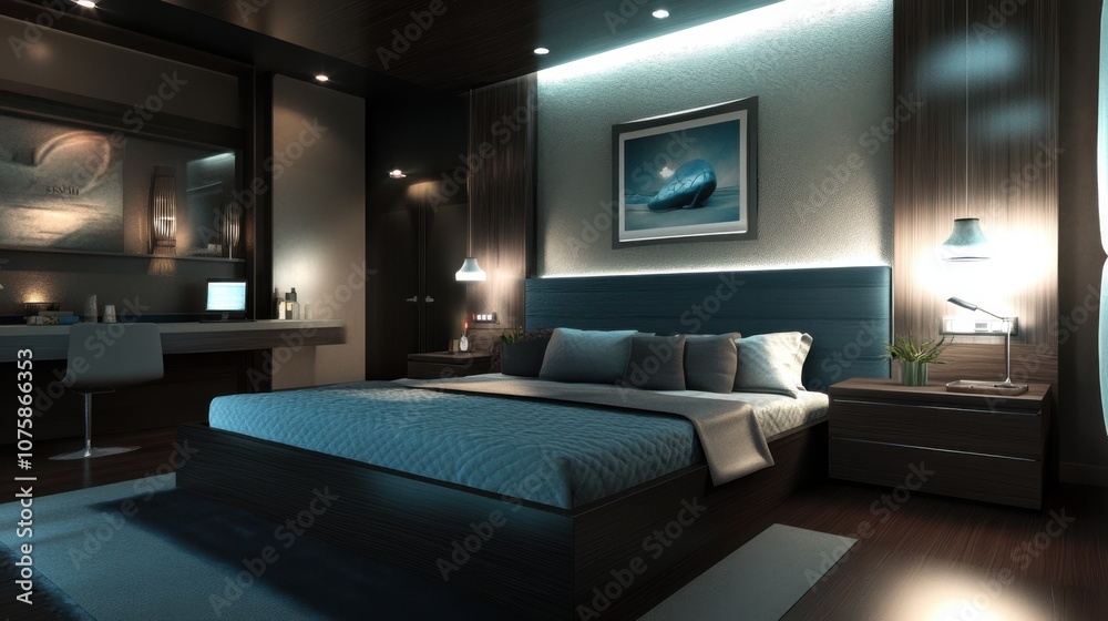 A contemporary bedroom design with a focus on simplicity,