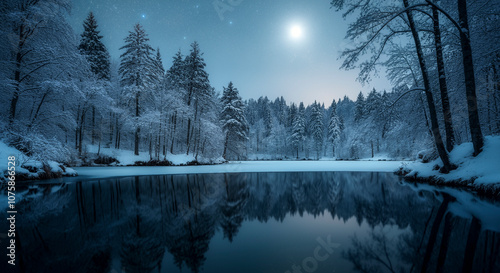 A winter night scene with a frozen lake reflecting stars and moonlight, surrounded by snow-covered trees. Creates a mysterious and serene atmosphere for the desktop