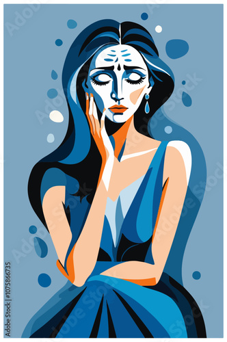 modern abstract art illustration of young lady with blue colored dress and background feeling sadness alone