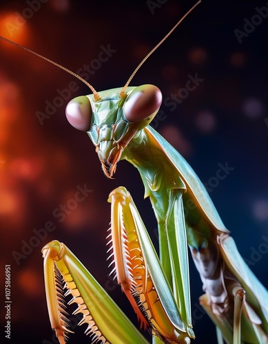 Full praying mantis on a stone slab photo