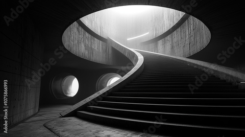 Curved staircase in a modern architectural concrete space with circular openings and soft natural light