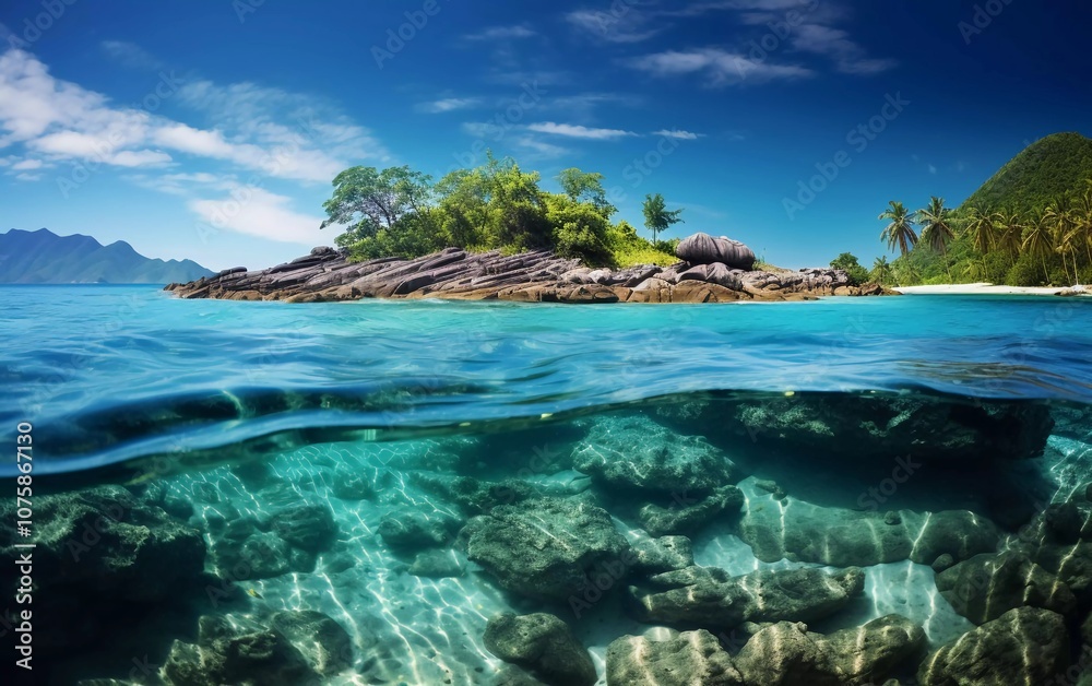 A serene underwater view showcasing clear waters and a tropical island landscape.