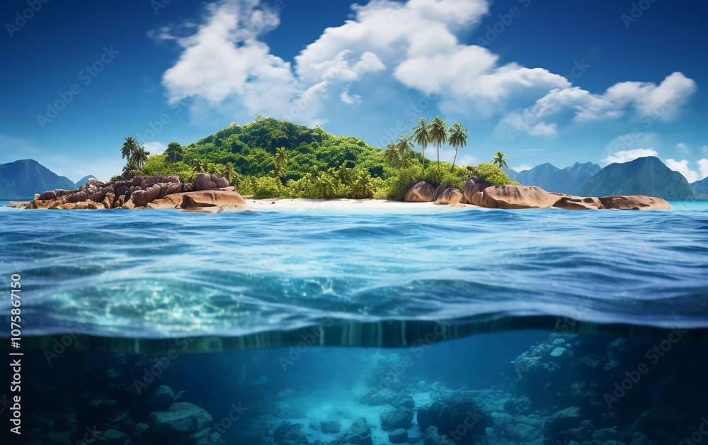 A picturesque tropical island scene showcasing lush greenery and clear blue waters. A picturesque tropical island scene showcasing lush greenery and clear blue waters.