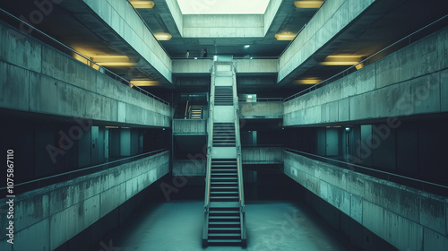 Brutalist architecture scene with symmetrical staircases, concrete walls, and soft lighting in a modern interior space photo