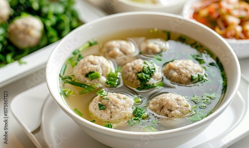 Photo of meat ball food served in a bowl and the fresh sauce makes it delicious ai generated