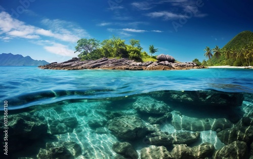 A serene underwater view showcasing clear waters and a tropical island landscape.