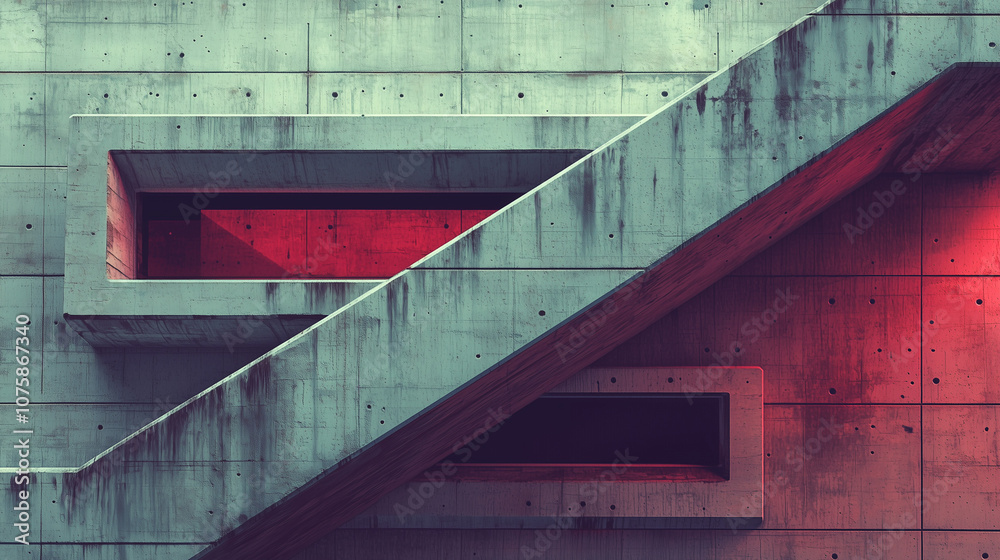 Modern concrete architecture with geometric shapes, red accents, and dramatic shadows Modern concrete architecture with geometric shapes, red accents, and dramatic shadows