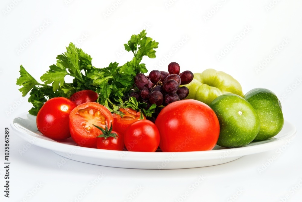 A white plate with red tomatoes, green peppers, red grapes, and parsley. A white plate with red tomatoes, green peppers, red grapes, and parsley.