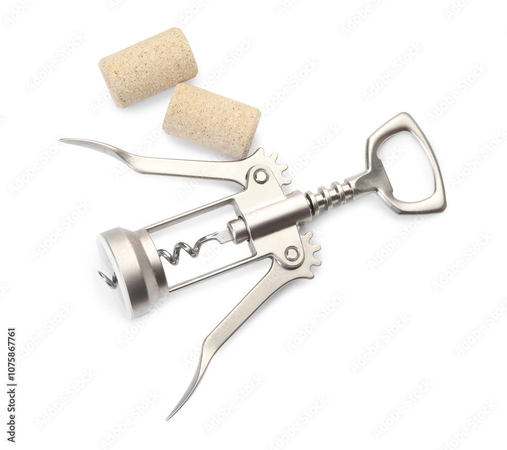 Wing corkscrew and corks isolated on white, top view Wing corkscrew and corks isolated on white, top view
