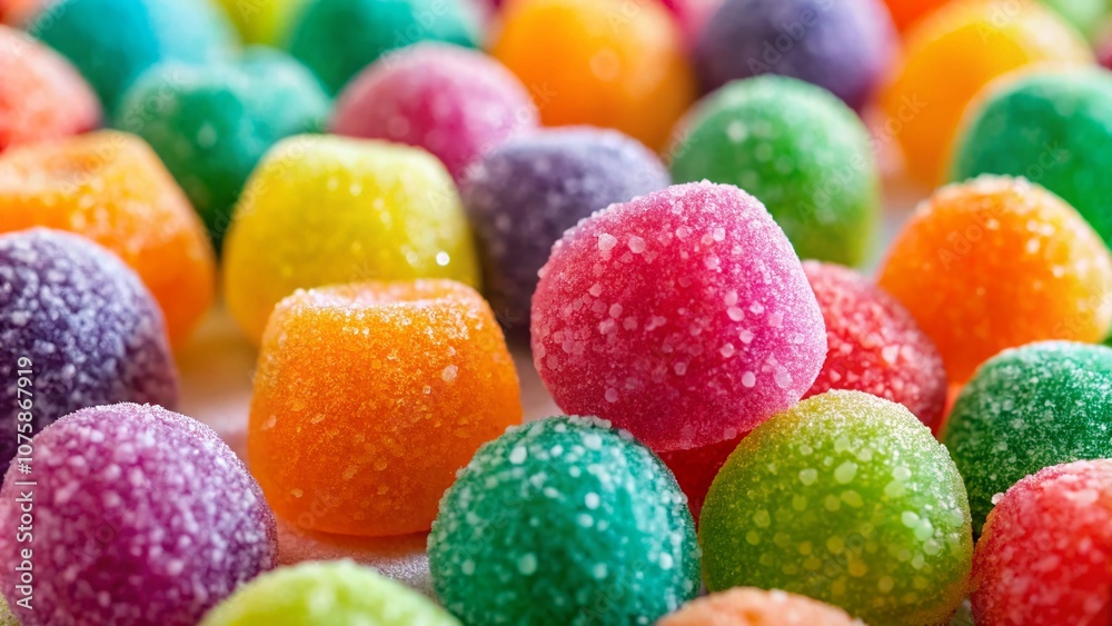 Colorful Sugar-Coated Candies Artfully Arranged on a White Background with Copy Space for Creative Projects and Sweet Treat Promotion in Low Light Photography Style