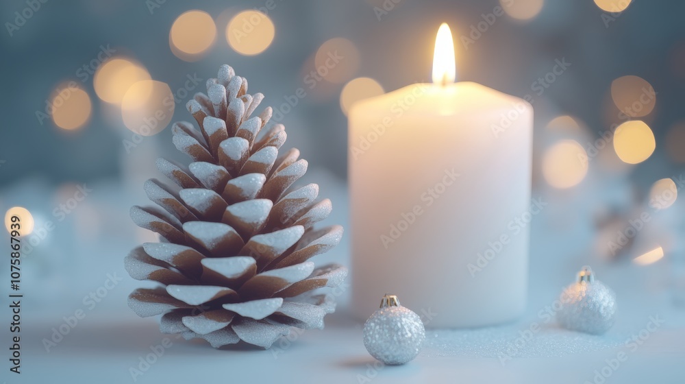 A cozy winter scene featuring a pinecone, candle, and festive decorations. A cozy winter scene featuring a pinecone, candle, and festive decorations.