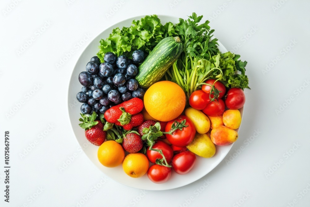 Assortment of fresh fruits and vegetables on a white plate. Assortment of fresh fruits and vegetables on a white plate.