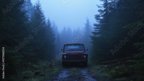 A dark, misty forest filled with towering spruce trees, an old,