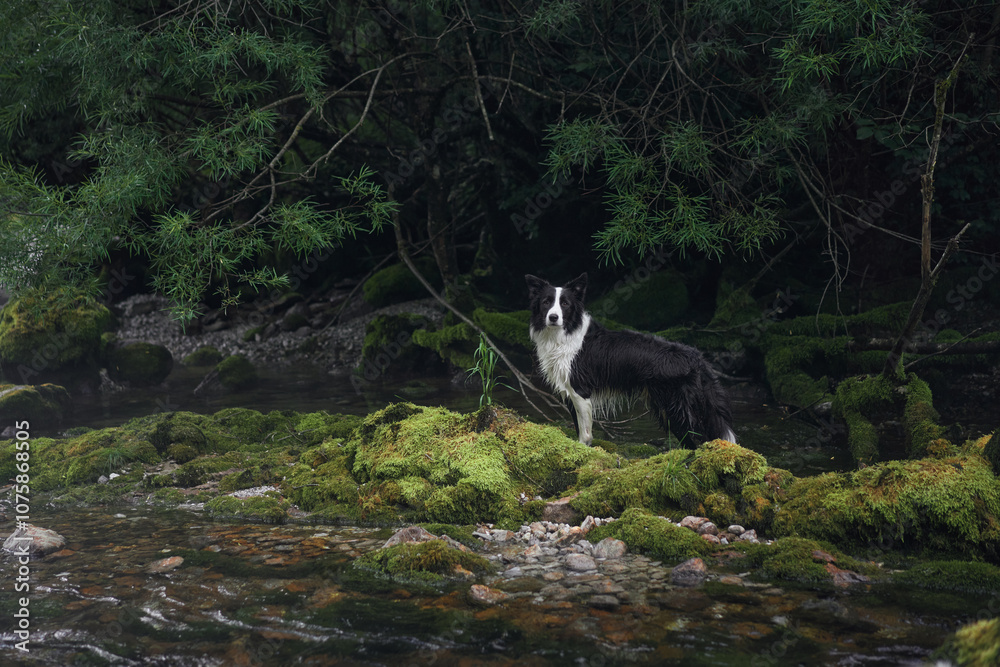 Obraz premium A Border Collie sits on a mossy rock by the forest riverbank, surrounded by dense trees. The dog's relaxed pose and the natural setting enhance the scene's tranquility.