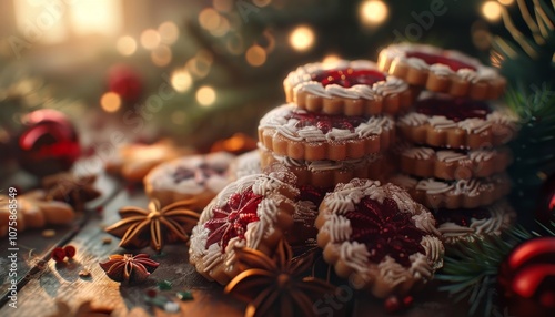 A stack of Christmas cookies with red jam filling, surrounded by star anise, sprinkles and other Christmas decorations.