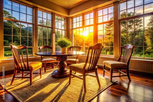 Cozy Living Room with Comfortable Wooden Chairs and Table Set Silhouetted Against Large Windows, Emphasizing Warmth and Inviting Atmosphere in Modern Interior Design