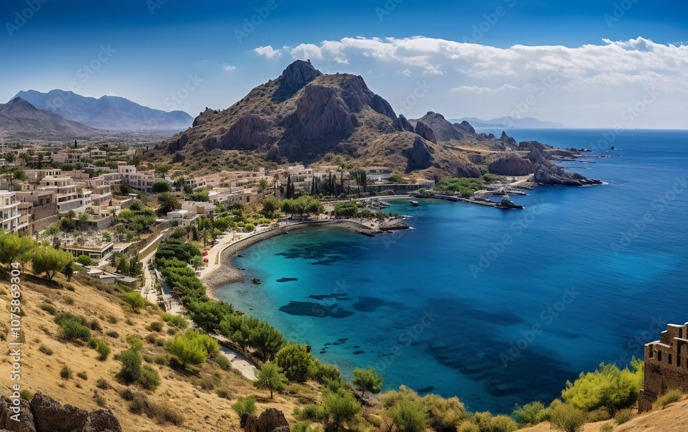 A scenic coastal view showcasing a serene bay, mountains, and a tranquil village. A scenic coastal view showcasing a serene bay, mountains, and a tranquil village.