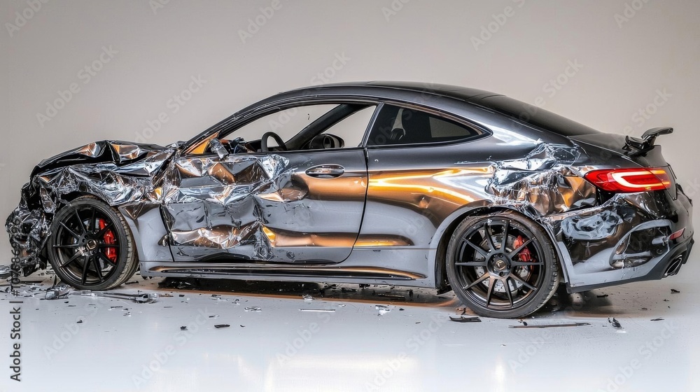 An auto repair work fixing a car that was damaged in an accident , isolated on white background,  , copy space, copy space for text,